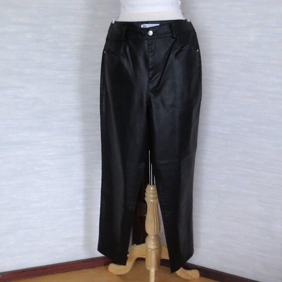 Zara Sleek High Rise Black Faux Leather Pleather Straight Leg Pants Trousers - Picture 2 of 5